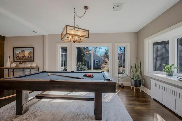 recreation room featuring pool table, wood finished floors, visible vents, and baseboards