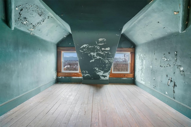 empty room with lofted ceiling and wood-type flooring