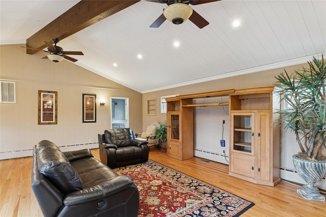 living room featuring a baseboard heating unit, light wood-style floors, visible vents, and vaulted ceiling with beams