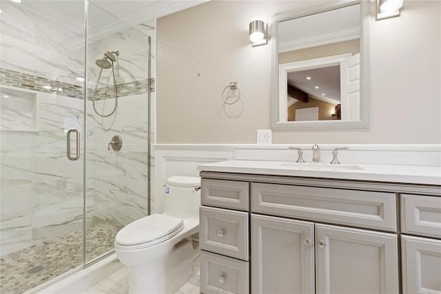 full bath featuring marble finish floor, vanity, a marble finish shower, and toilet