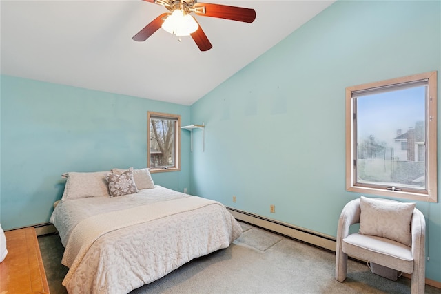 bedroom featuring lofted ceiling, ceiling fan, a baseboard heating unit, and carpet flooring