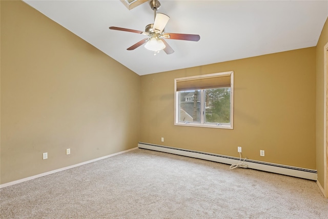 carpeted spare room featuring ceiling fan, a baseboard radiator, baseboards, and vaulted ceiling