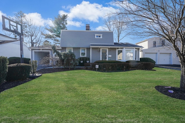 traditional-style home with a chimney and a front lawn