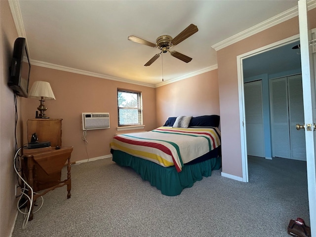 carpeted bedroom with ornamental molding, a wall unit AC, baseboards, and a ceiling fan