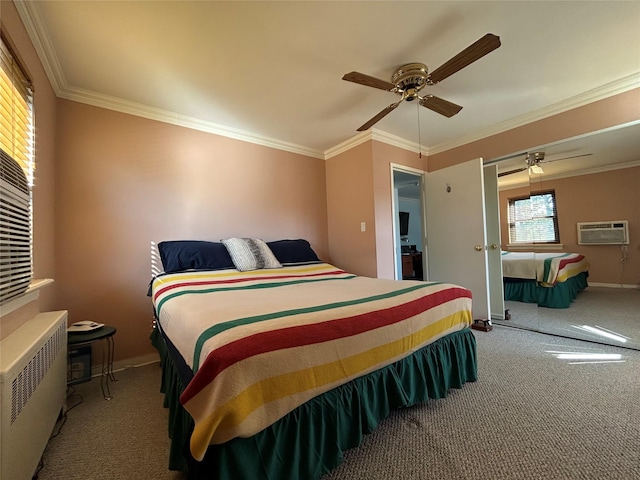 bedroom featuring a wall unit AC, a ceiling fan, ornamental molding, radiator, and carpet