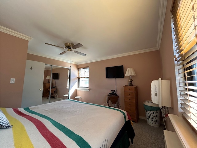 bedroom with carpet floors, ceiling fan, a closet, and crown molding