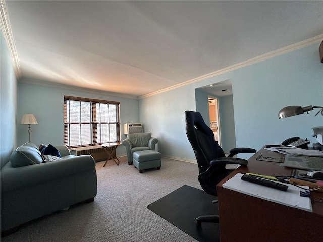 office space featuring carpet floors, ornamental molding, a wall unit AC, and baseboards