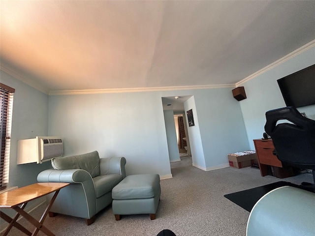 living area featuring carpet floors, baseboards, an AC wall unit, and ornamental molding