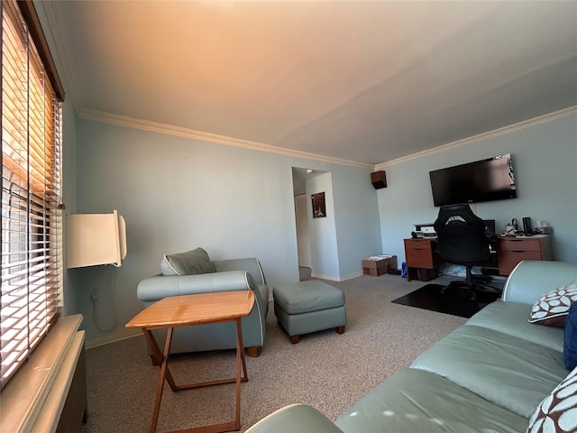 living room featuring carpet floors, crown molding, and baseboards