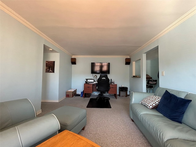 carpeted living room featuring crown molding and baseboards