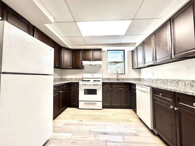 kitchen featuring a paneled ceiling, under cabinet range hood, white appliances, dark brown cabinets, and light wood finished floors