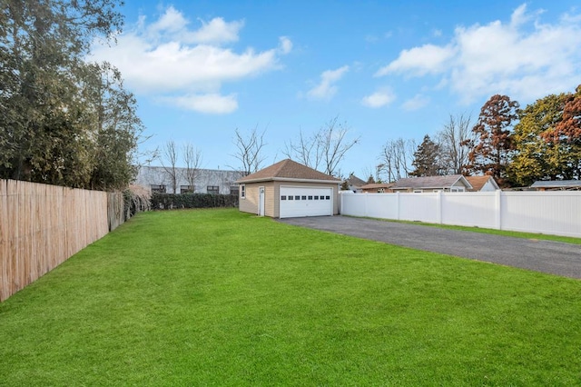 view of yard with a garage, an outbuilding, and a fenced backyard