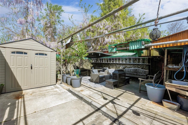 3709 20th Rd, Astoria, NY 11105 - view of patio / terrace featuring a shed, an outdoor hangout area, and an outdoor structure