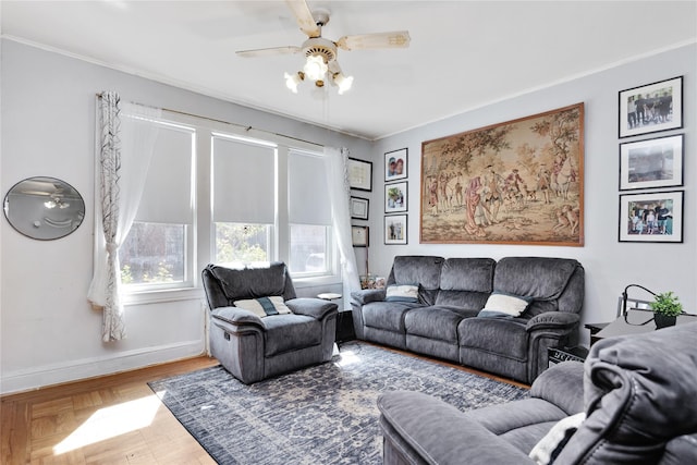 3709 20th Rd, Astoria, NY 11105 - living area featuring a ceiling fan, baseboards, crown molding, and wood finished floors