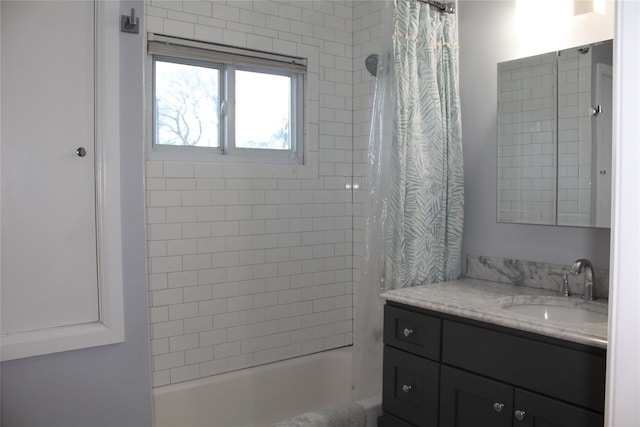 full bath featuring shower / tub combo and vanity