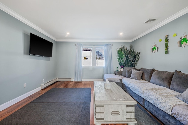 living area featuring wood finished floors, visible vents, baseboards, ornamental molding, and baseboard heating