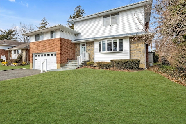 view of front of property with a garage, stone siding, a front lawn, and aphalt driveway