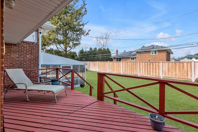 deck featuring a fenced backyard and a lawn