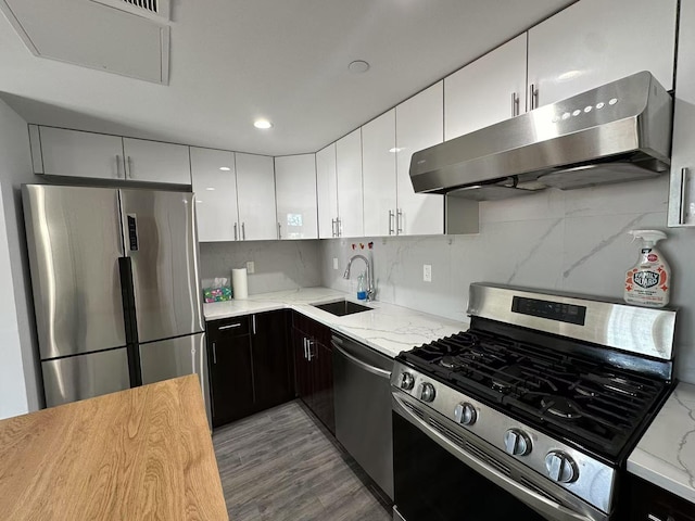 kitchen with white cabinets, a sink, extractor fan, stainless steel appliances, and backsplash