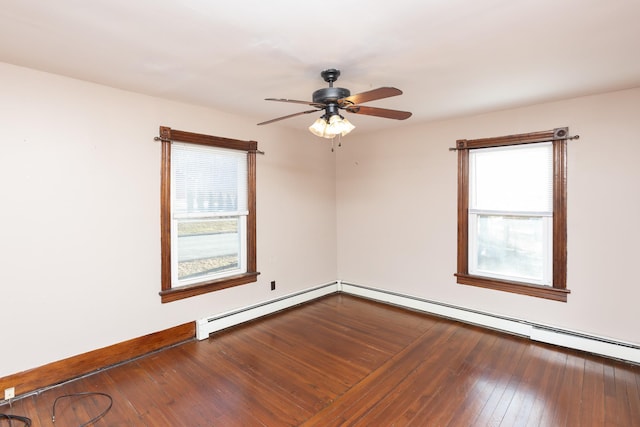 empty room featuring hardwood / wood-style floors, baseboard heating, a ceiling fan, and baseboards