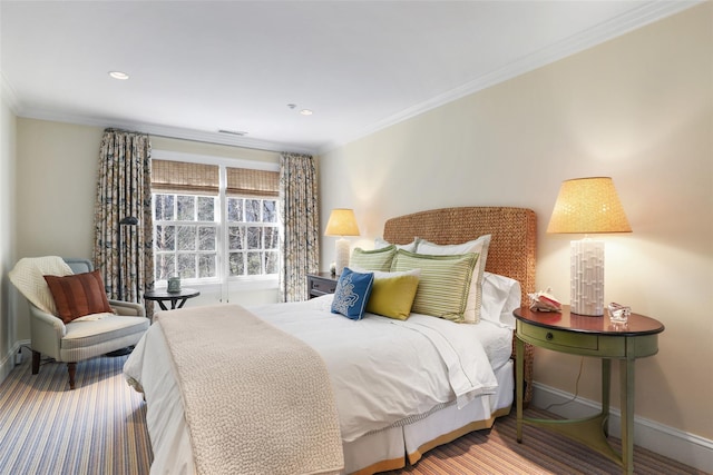 bedroom with ornamental molding, recessed lighting, visible vents, and baseboards