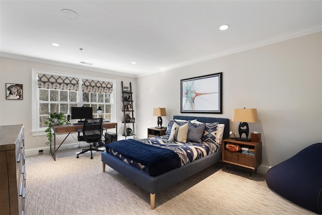 bedroom featuring crown molding, recessed lighting, light colored carpet, visible vents, and baseboards