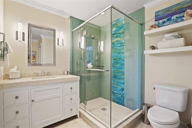 full bathroom with toilet, a shower stall, and crown molding