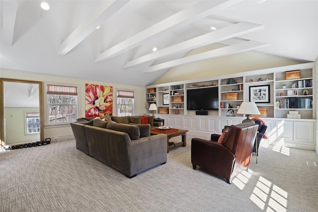 living room with lofted ceiling with beams and light colored carpet