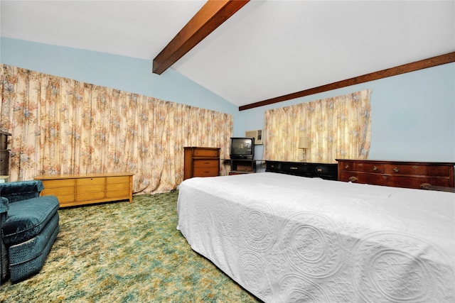 carpeted bedroom featuring lofted ceiling with beams