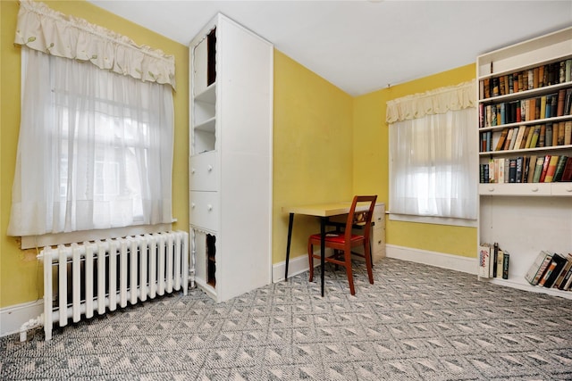 carpeted office with baseboards, plenty of natural light, and radiator heating unit