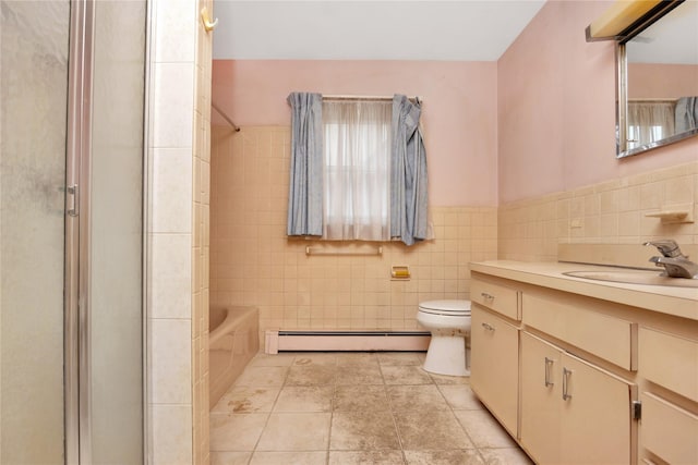 full bath with toilet, a baseboard radiator, tile patterned floors, a shower with shower door, and tile walls