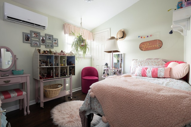 bedroom featuring lofted ceiling, a wall mounted AC, and wood finished floors