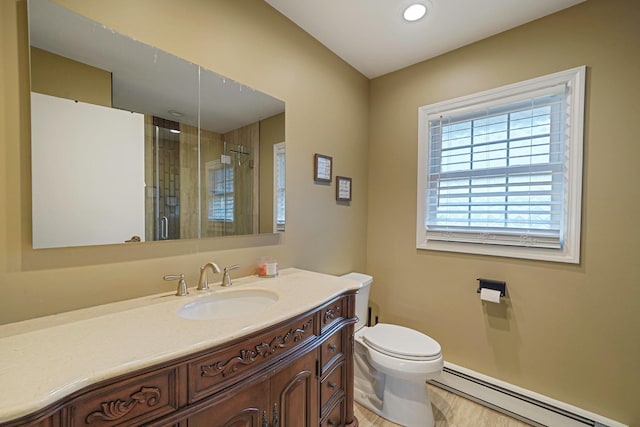 full bath featuring toilet, a stall shower, baseboard heating, and vanity