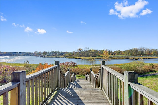 exterior space with a water view