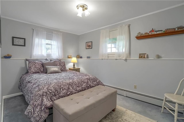 carpeted bedroom featuring ornamental molding, a baseboard radiator, and baseboards