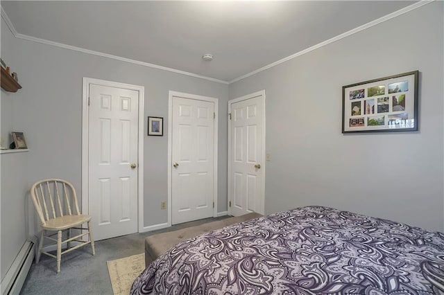 bedroom featuring ornamental molding, baseboard heating, and carpet