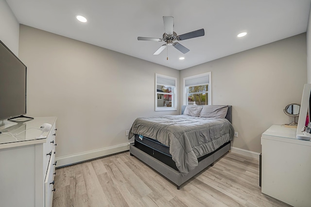 bedroom featuring recessed lighting, light wood-style flooring, and baseboards