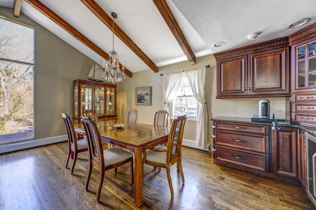 dining room featuring baseboards, lofted ceiling with beams, dark wood-style floors, an inviting chandelier, and baseboard heating