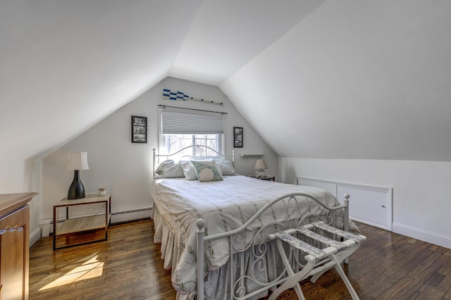 bedroom featuring vaulted ceiling, dark wood finished floors, and baseboards