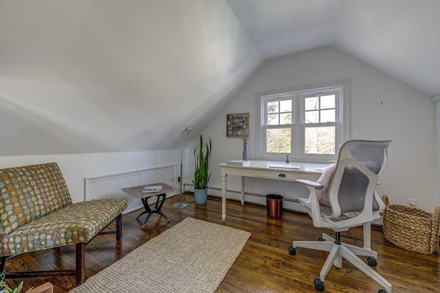 office area featuring lofted ceiling, a baseboard radiator, and wood finished floors