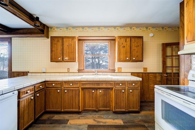 kitchen with a sink, wallpapered walls, under cabinet range hood, white appliances, and dark wood-style flooring