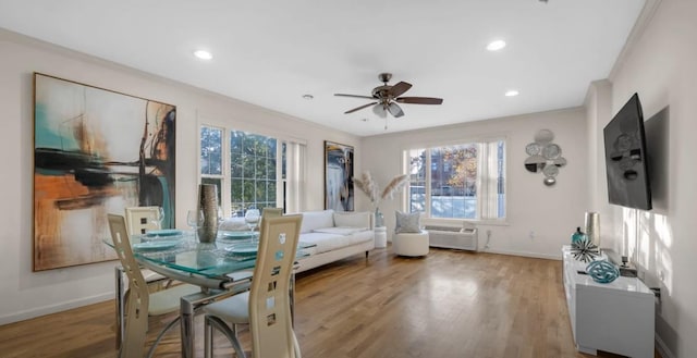 dining space with ceiling fan, recessed lighting, wood finished floors, and baseboards