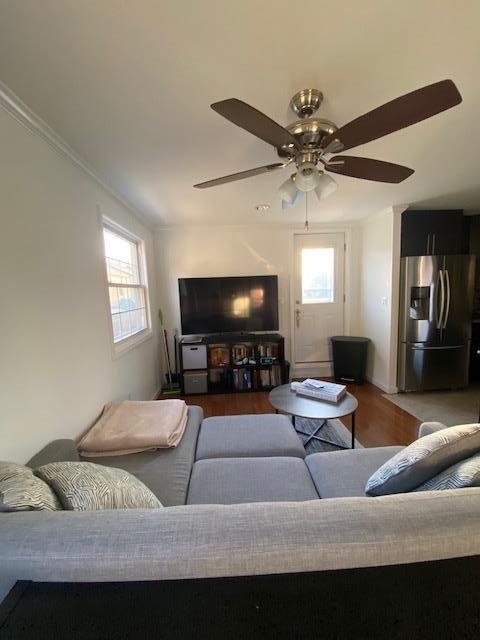 living room featuring a ceiling fan, a wealth of natural light, and wood finished floors