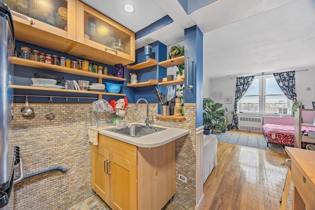 kitchen with a sink, light wood-style floors, light countertops, open shelves, and radiator heating unit