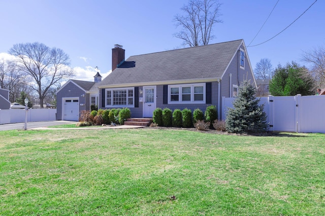 view of front facade featuring a chimney, an attached garage, a gate, fence, and a front lawn