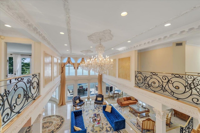 living room featuring recessed lighting, visible vents, stairway, ornamental molding, and a chandelier