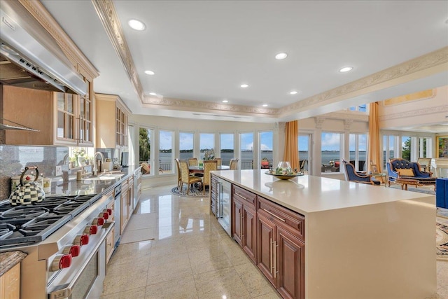 kitchen with range with two ovens, a kitchen island, a tray ceiling, extractor fan, and a sink