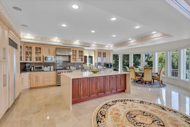 kitchen with a tray ceiling, appliances with stainless steel finishes, a kitchen island, and wall chimney range hood