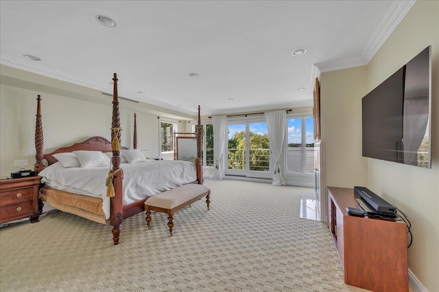 bedroom with recessed lighting, light carpet, baseboards, access to outside, and crown molding