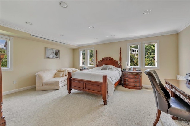 bedroom featuring ornamental molding, recessed lighting, light carpet, and baseboards